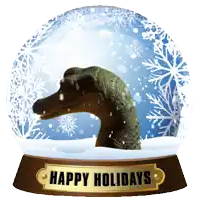 a snow globe that says happy holidays with a dinosaur in it
