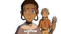 a cartoon of a girl and a boy with the words listen above them