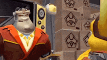 a man in a suit and tie is standing in front of a stack of boxes in a video game .