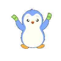 a cartoon penguin is holding a green dollar bill