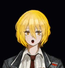 a drawing of a girl with yellow hair and a jacket that says nd9
