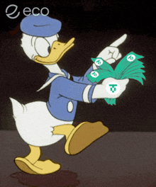 a cartoon of donald duck holding a bunch of money with the letter t on it