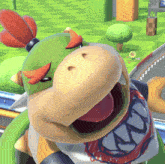 a close up of a cartoon character 's face with his mouth wide open