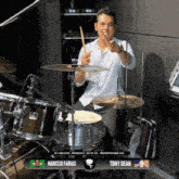 a man playing drums with the name narciso farias above him