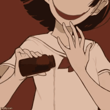 a drawing of a girl holding a brown bottle with a red background