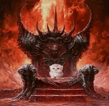 a white cat is sitting on a demon throne with flames behind it