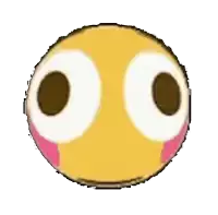 a yellow smiley face with big eyes and a pink blush on its cheeks on a white background .
