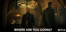 two men standing next to each other with the words where are you going written below them