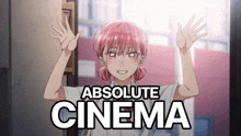 a girl with pink hair is standing in front of a door with her hands in the air .