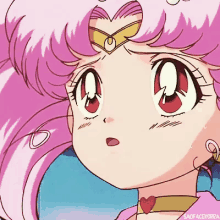 a close up of a pink haired anime girl with a heart on her forehead .