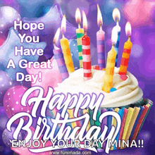 a birthday card with a cupcake and candles that says " hope you have a great day "