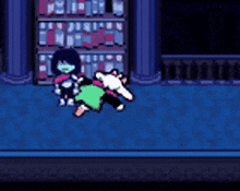 a video game character is holding a stuffed animal in front of a bookshelf in a library .