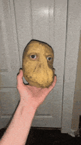 a person is holding a potato that looks like a human face