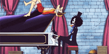 a cartoon drawing of a man playing a piano with a skeleton in the background