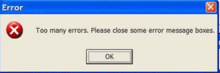 a computer screen shows an error message that says too many errors please close some error message boxes