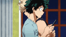 two anime characters are standing next to each other and one is looking at a phone