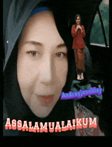 a woman wearing a hijab is sitting in a car with the words assalamualaikum on the bottom
