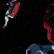 a robot with a red and white shield is flying in the air