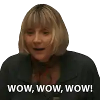 a woman with short blonde hair says wow wow wow on a white background