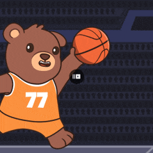 a teddy bear with the number 77 on his jersey holds a basketball