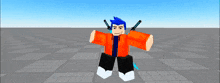 a cartoon character with blue hair and a sword on his back