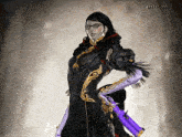 a woman in a black dress and purple gloves is standing in front of a sign that says plio.play