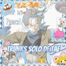 a picture of trunks solo de tae with a blue and white checkered frame