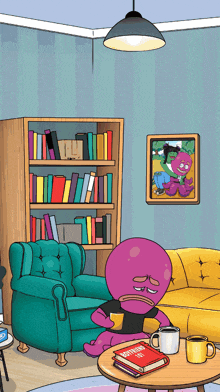 a cartoon of a purple octopus sitting in a living room reading a book