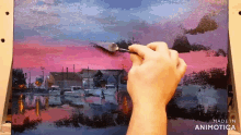 a person is painting a landscape with a spoon and a brush .