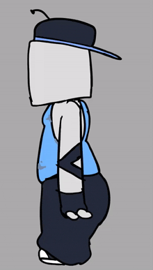 a cartoon character wearing a blue tank top and a black hat