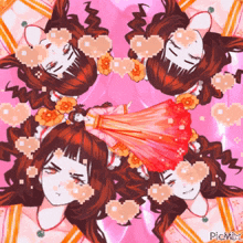 a pixel art of a girl with hearts around her head and the words picmix at the bottom