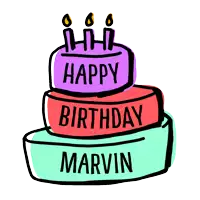 a birthday cake with three candles and the name marvin on it