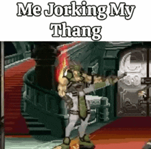 a video game character is standing in a room with a sword and says `` me jerking my thang '' .