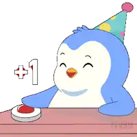 a penguin wearing a party hat holds up a number one