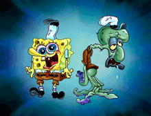 spongebob and squidward are standing next to each other