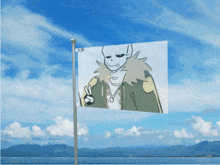 a flag with a drawing of a skeleton giving a peace sign