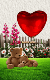 two teddy bears laying in the grass with a heart shaped balloon behind them