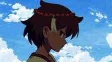 a cartoon character with a necklace of beads on his head