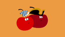 a cartoon illustration of two apples one wearing a striped shirt