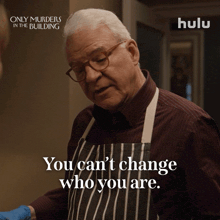 an advertisement for only murders in the building shows an older man wearing an apron