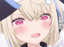 a close up of a anime character with blonde hair and pink eyes