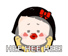 a cartoon girl with a red bow on her head is making a funny face and saying hee hee hee !