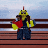 a cartoon character in a chicken costume holds a red and yellow item