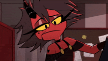 a cartoon character with horns and yellow eyes is looking at something