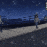 three men walking down a sidewalk at night