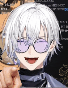 a person pointing at a white haired anime character with purple glasses