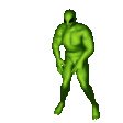 a pixel art of a green alien with a hood on