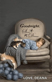 a child is sleeping in a chair with kittens and the words goodnight sweet dreams