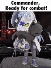 a picture of a girl holding a stuffed animal that says commander ready for combat