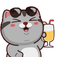 a cartoon cat wearing sunglasses is holding a glass of juice .